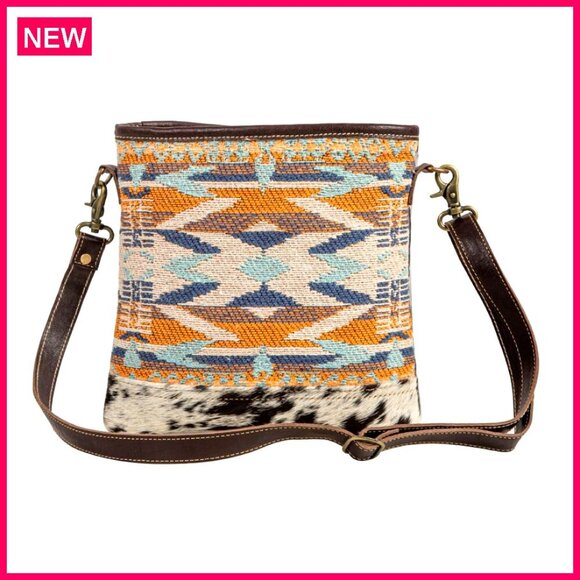 Handbags - Crossbody Shoulder Bag with Woven Rug Leather Accents Adjustable Strap